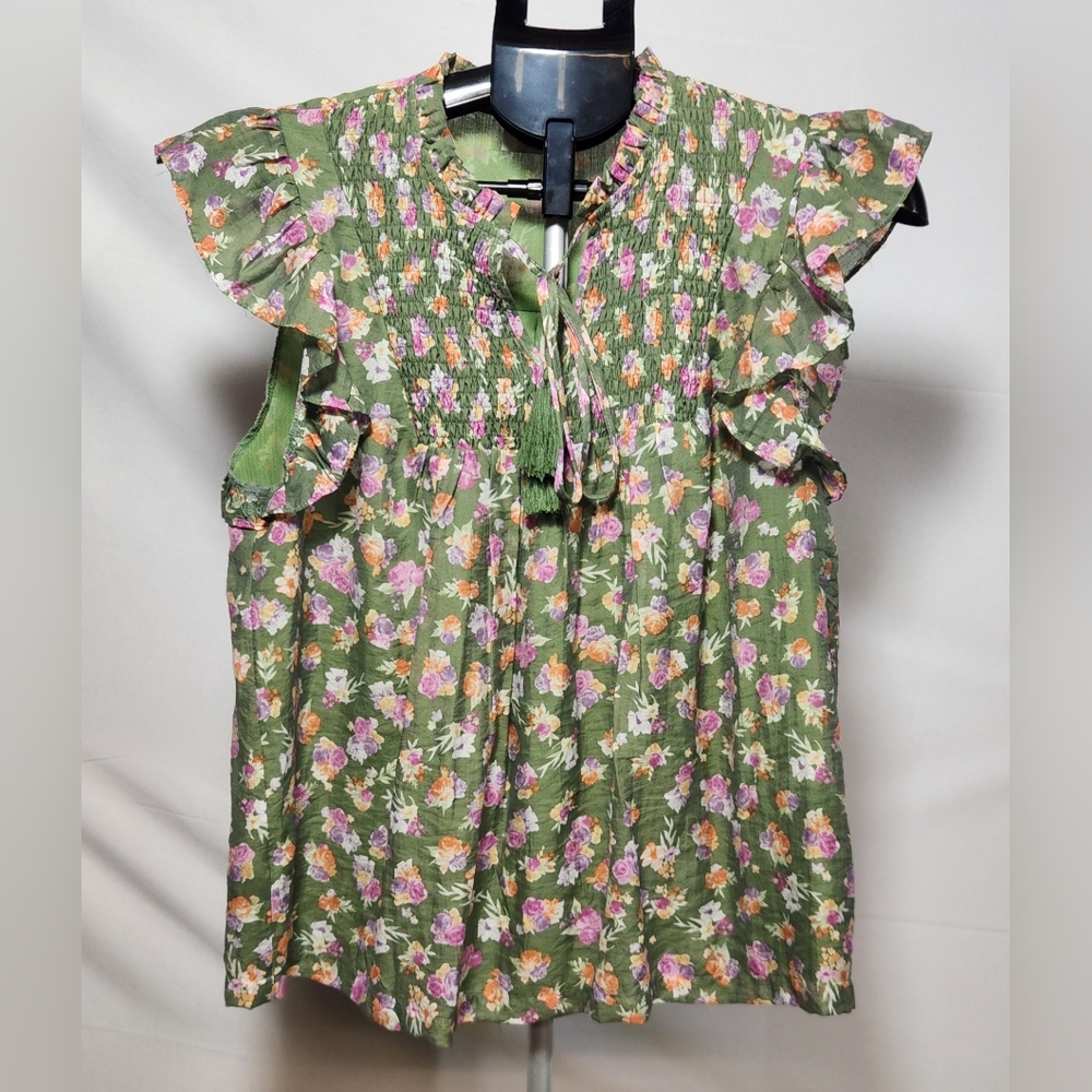 Fate Olive Green Tie Front Blouse with Ruffled Mandarin Collar-Size M